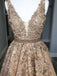 Elegant Champagne V-Neck A-Line Lace Sleeveless Party Prom Dresses,Evening Dress Online, WGP853