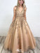 Elegant Champagne V-Neck A-Line Lace Sleeveless Party Prom Dresses,Evening Dress Online, WGP853