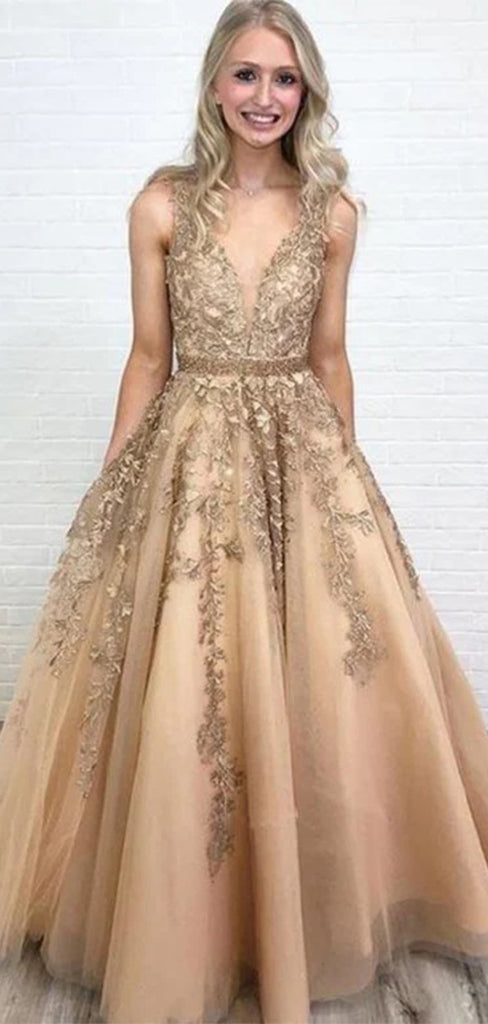 Elegant Champagne V-Neck A-Line Lace Sleeveless Party Prom Dresses,Evening Dress Online, WGP853