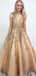 Elegant Champagne V-Neck A-Line Lace Sleeveless Party Prom Dresses,Evening Dress Online, WGP853
