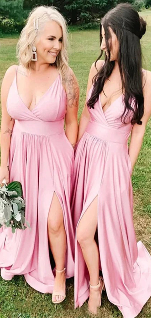 Elegant Pink Spaghetti Strap A-Line Side Slit Sleeveless Wedding Guest Bridesmaid Dresses,WGM401