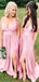 Elegant Pink Spaghetti Strap A-Line Side Slit Sleeveless Wedding Guest Bridesmaid Dresses,WGM401