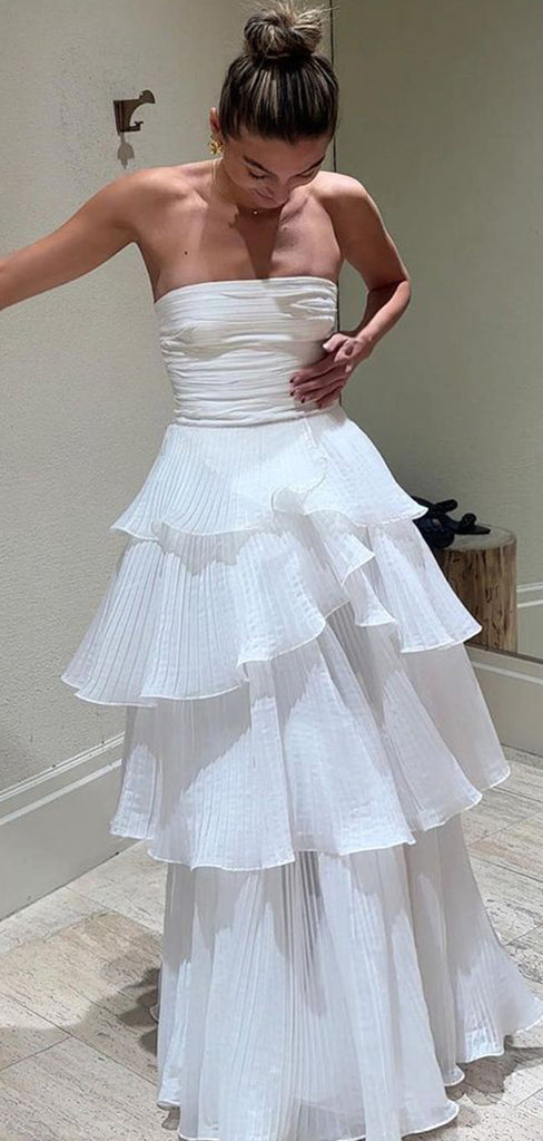 Elegant White  A-Line Strapless Ruffle Popular Long Evening Dresses, Formal Dresses, Birthday Party, WGP563
