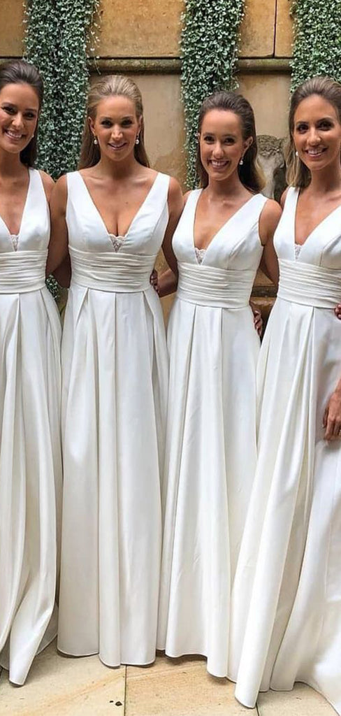 Elegant White V-Neck Spaghetti Strap A-Line Sleeveless Wedding Guest Bridesmaid Dresses,WGM404