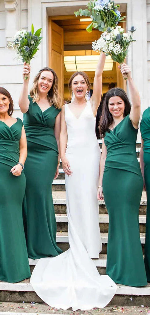 Elegant Green V-Neck Mermaid Sleeveless Wedding Guest Bridesmaid Dresses,WGM406