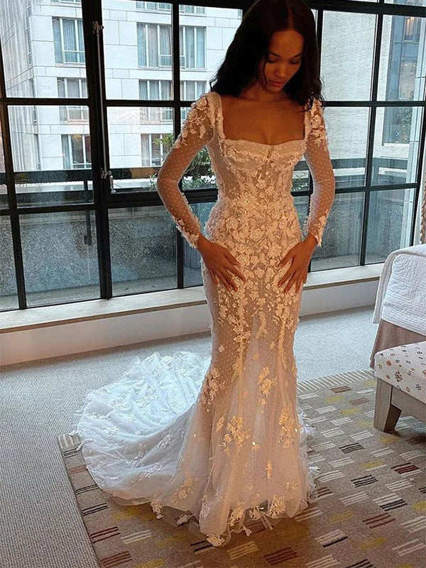 Romantic Square Mermaid  Long Sleeve With Trailing Flower Lace Popular Bridal Long Wedding Dresses, WDH153
