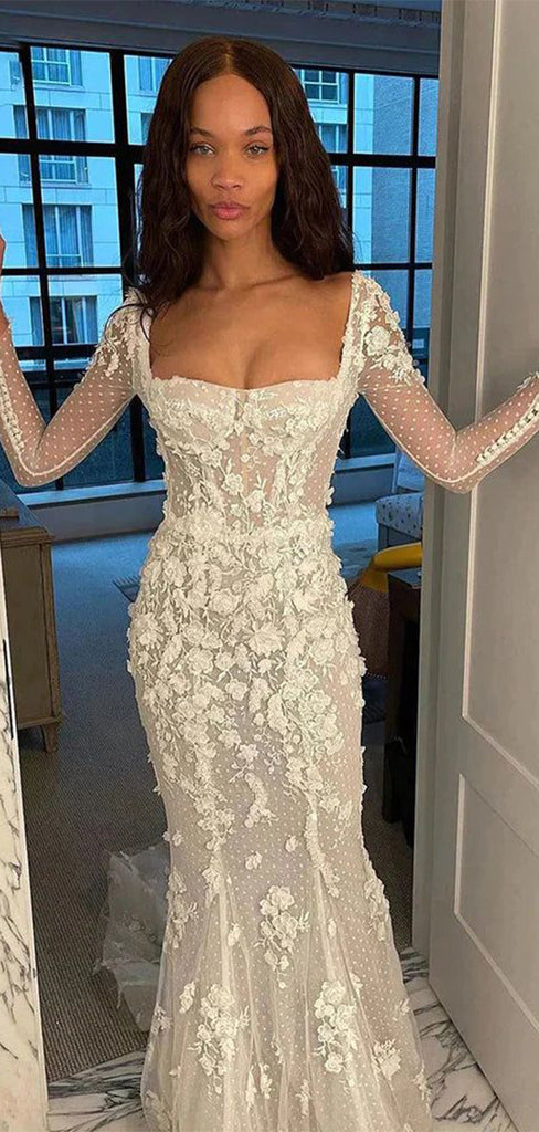 Romantic Square Mermaid  Long Sleeve With Trailing Flower Lace Popular Bridal Long Wedding Dresses, WDH153