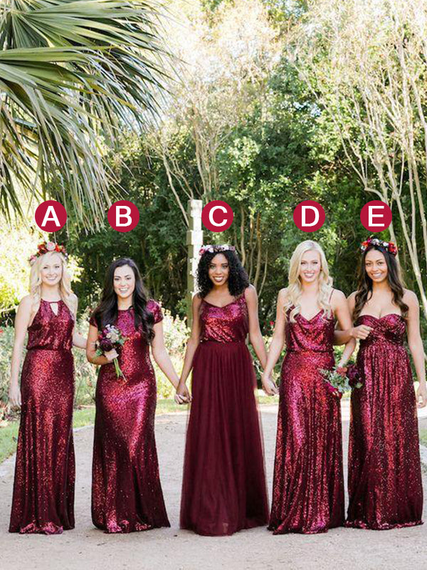 Multiple Types Sparkly Burgundy Sequin Long Bridesmaid Dresses Prom Dresses, WGM057