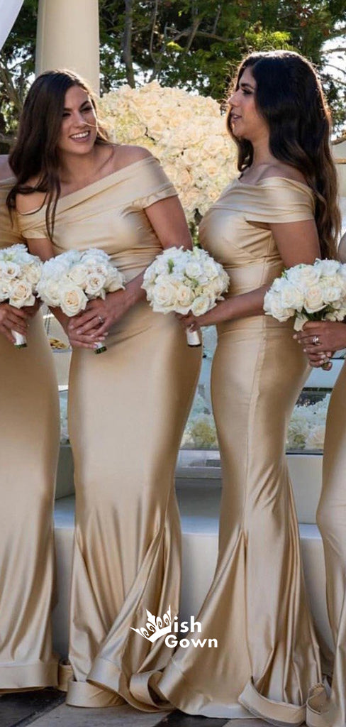 Champagne Gold Mermaid Off Shoulder Soft Satin Floor Length Bridesmaid Dresses, WGM058