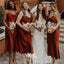 Soft Satin Burgundy Sheath Spaghetti Strap Tea-length Wedding Bridesmaid Dresses, WGM062