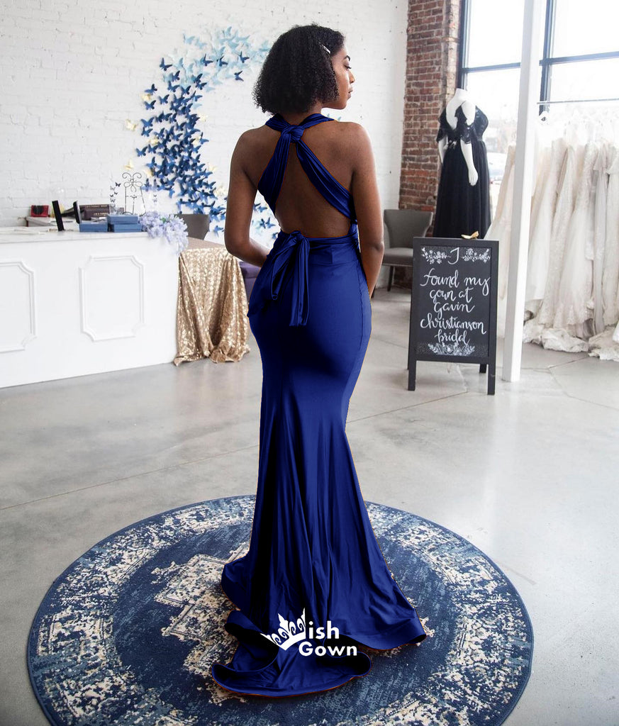 Blue Convertible Soft Satin Halter Lace Up Backless Long Mermaid Bridesmaid Dresses, WGM102