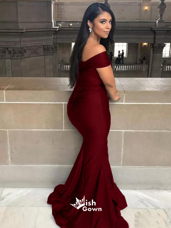 Burgundy Mermaid Off Shoulder Floor length Wedding Guest Bridesmaid Dresses, WGM112