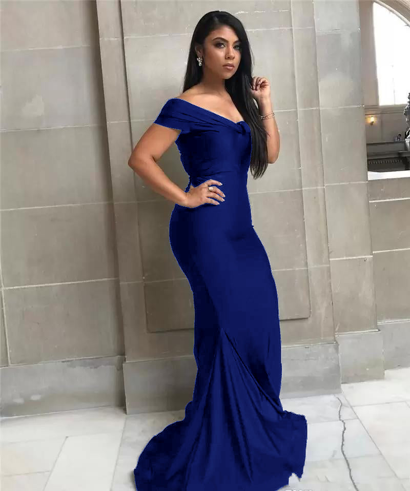 Royal Blue Mermaid Off Shoulder Floor length Wedding Guest Bridesmaid Dresses, WGM112