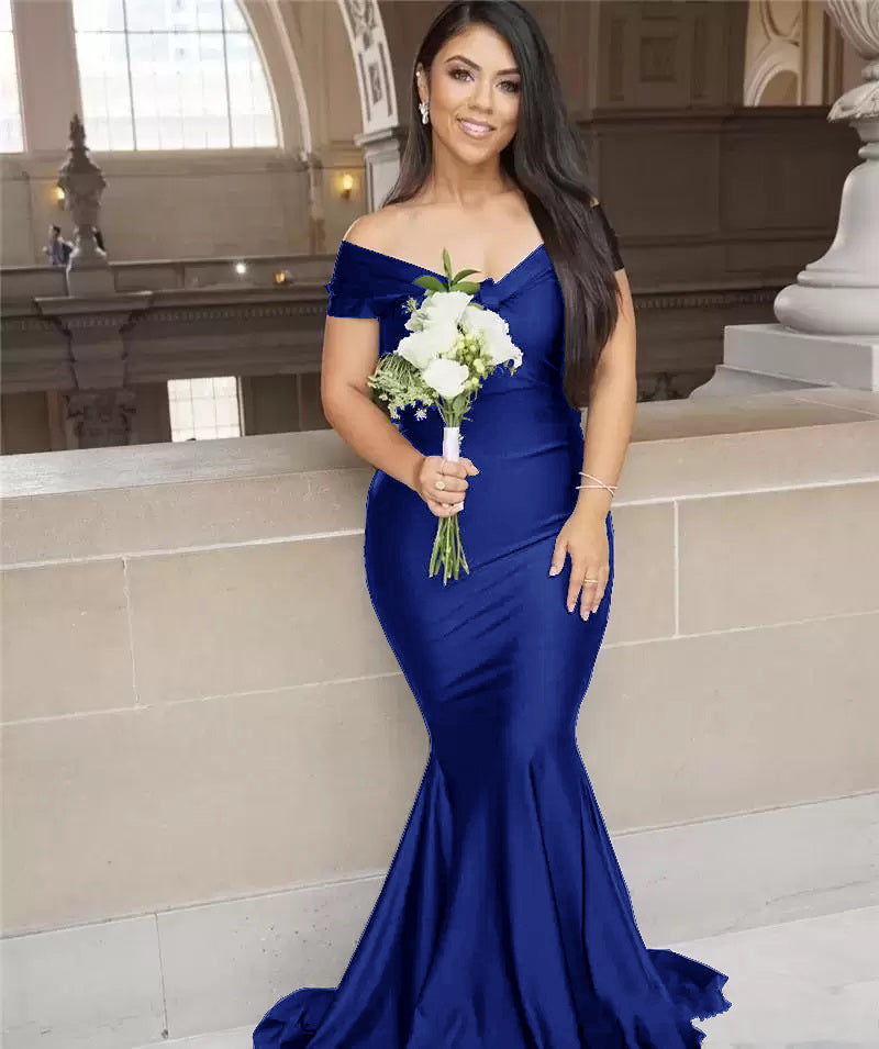 Royal Blue Mermaid Off Shoulder Floor length Wedding Guest Bridesmaid Dresses, WGM112