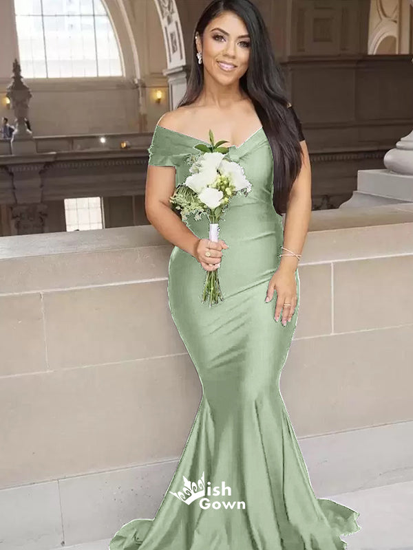 Emerald Mermaid Off Shoulder Floor length Wedding Guest Bridesmaid Dresses, WGM112