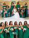 Green Sexy Off Shoulder Pleats Slits Mermaid Soft Satin Long Bridesmaid Dresses, WGM119