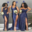 Mismatched Strapless One Shoulder Soft Satin Sequins Pleating High Slits Mermaid Long Bridesmaid Dresses, WGM122