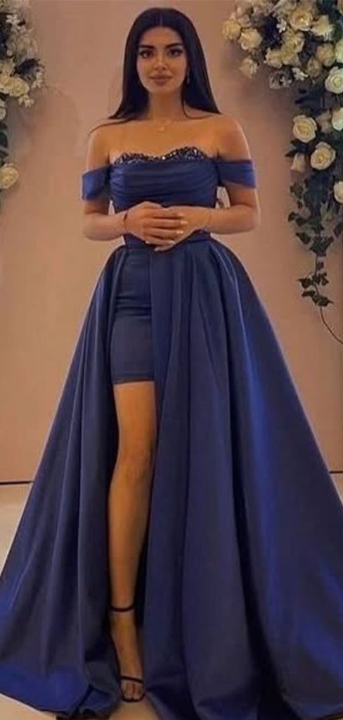 Elegant Navy Blue Off-Shoulder A-Line Long Prom Dress Ideas, Evening Party Dresses,WGP1975