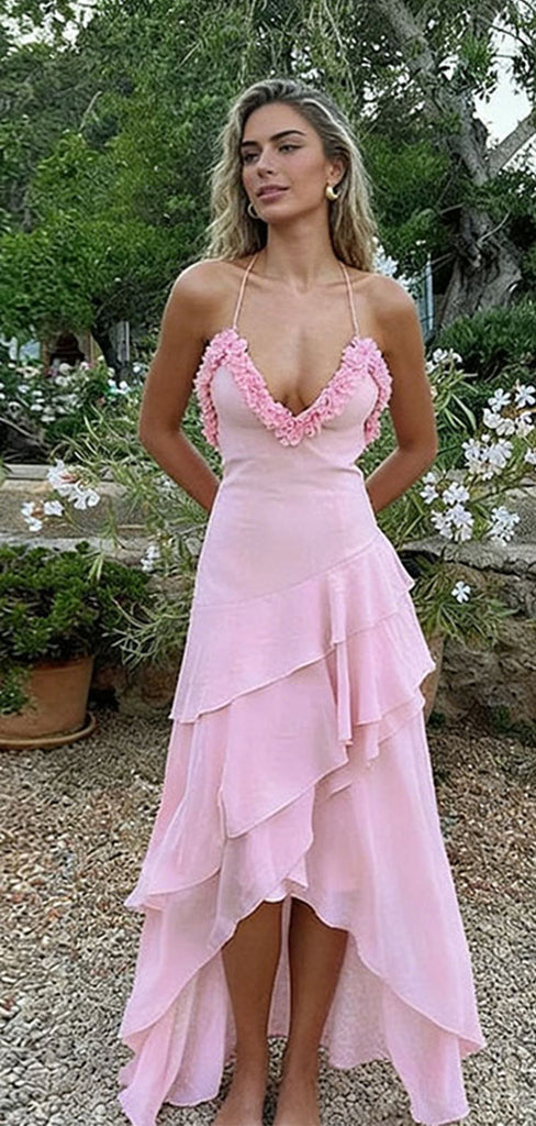 Sexy Pink V-Neck Ruffled Pink Prom Dress Unique Halter High Low Asymmetrical Gown,WGP2167