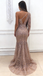 Sexy Rose Gold Sequin Prom Dress One Shoulder Long Sleeve High Slit Glitter Gala Gown,WGP2082