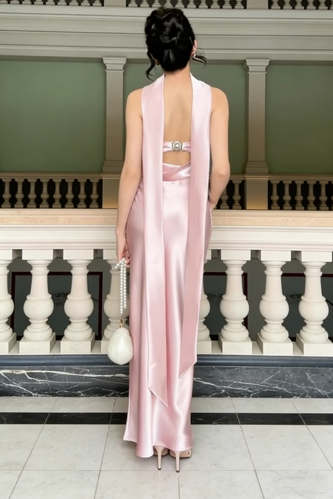 Elegant Pink Satin Column Prom Gown Mock Neck Off-the-Shoulder Formal Dress,WGP2200