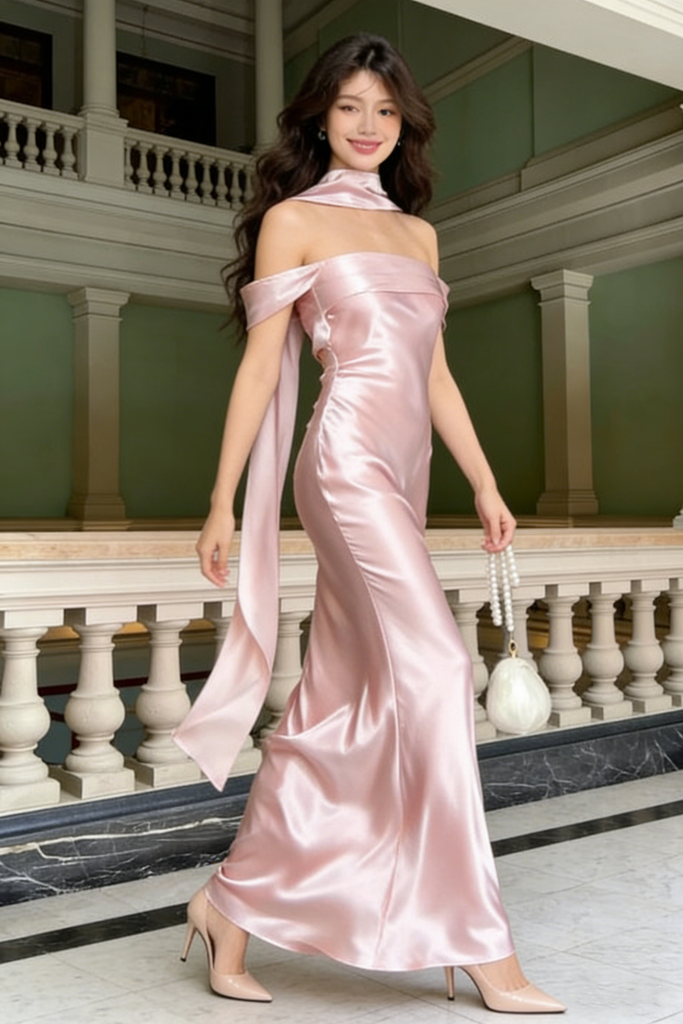 Elegant Pink Satin Column Prom Gown Mock Neck Off-the-Shoulder Formal Dress,WGP2200