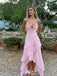 Sexy Pink V-Neck Ruffled Pink Prom Dress Unique Halter High Low Asymmetrical Gown,WGP2167