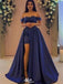Elegant Navy Blue Off-Shoulder A-Line Long Prom Dress Ideas, Evening Party Dresses,WGP1975