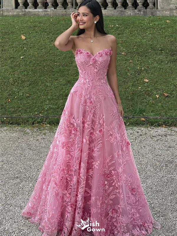 Elegant Strapless Pink Lace Prom Dress with 3D Floral Appliques,WGP2137