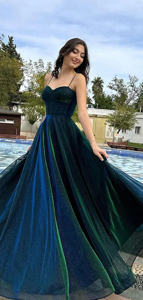 Unique Navy Blue Spaghetti Strap A-Line Long Prom Dress Ideas, Evening Party Dresses,WGP1945