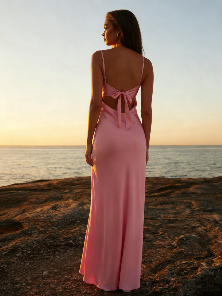 Pretty Pink Satin Maxi Mermaid Prom Dress with Tie-Front Cutout,WGP2128