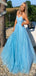 Charming Blue A-Line Spaghetti Straps V Neck Sequin Cheap Maxi Long Party Prom Gowns,Evening Dresses,WGP440