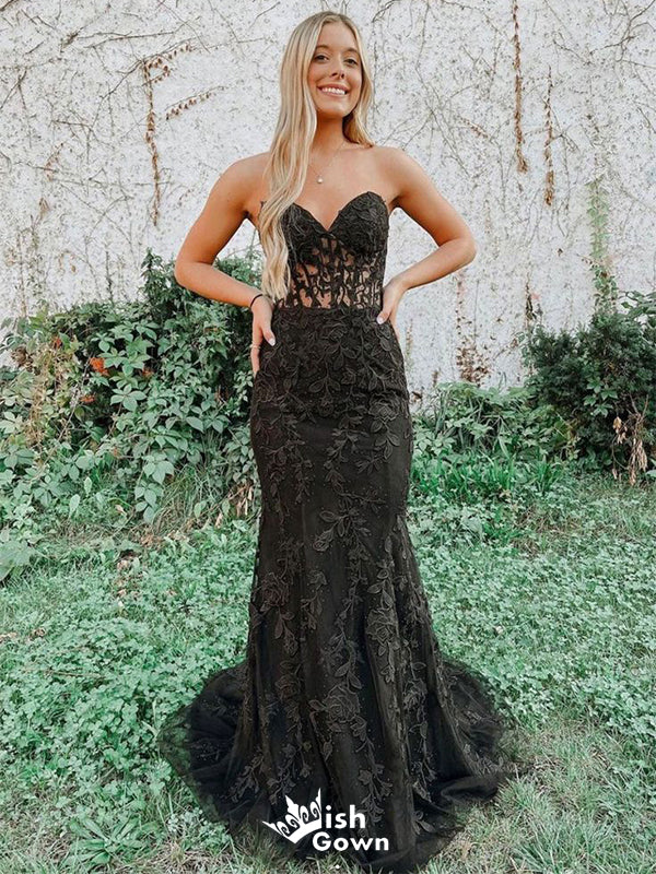 Elegant Black Sweetheart Mermaid Side Slit Lace&nbsp;Party Prom Dresses,Evening Dress Online, WGP825