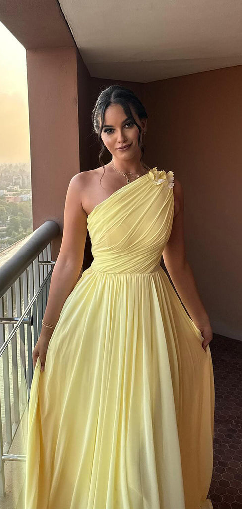 Elegant Yellow Pleats One shoulder A-Line Party Prom Dresses,Evening Dress Online, WGP830