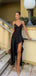 Sexy Black Spaghetti Strap Mermaid Side Slit Sleeveless Party Prom Dresses,Evening Dress Online, WGP845