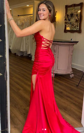 Sexy Red Mermaid Strapless Side Slit Sleeveless Lace Up Maxi Long Party Prom Gowns,Evening Dresses,WGP399