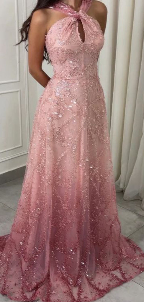 Sparkly Pink Halter A-Line Long Prom Dress Ideas, Evening Party Dresses,WGP1946