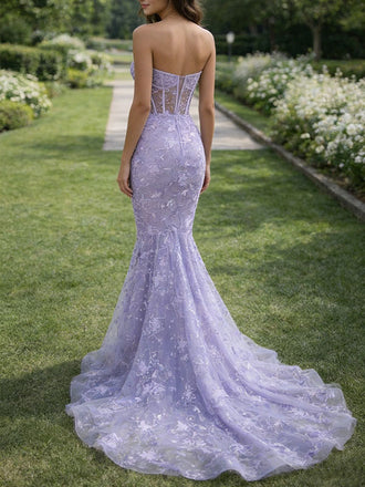 Modern Lavender Butterfly Lace Prom Gown Sheer Corset Mermaid Evening Dress,WGP2183