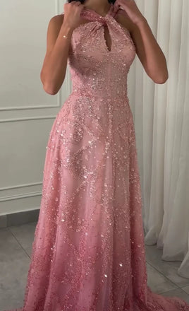 Sparkly Pink Halter A-Line Long Prom Dress Ideas, Evening Party Dresses,WGP1946
