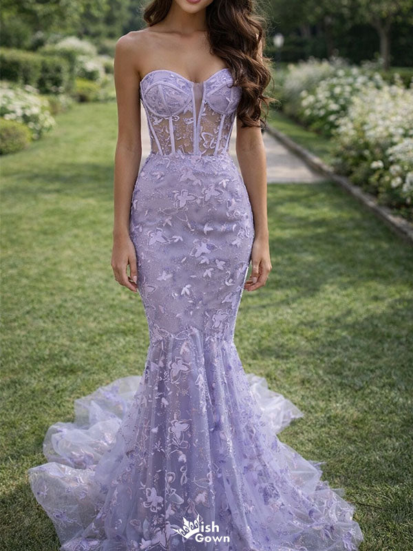 Modern Lavender Butterfly Lace Prom Gown Sheer Corset Mermaid Evening Dress,WGP2183