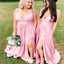 Elegant Pink Spaghetti Strap A-Line Side Slit&nbsp;Sleeveless Wedding Guest Bridesmaid Dresses,WGM401