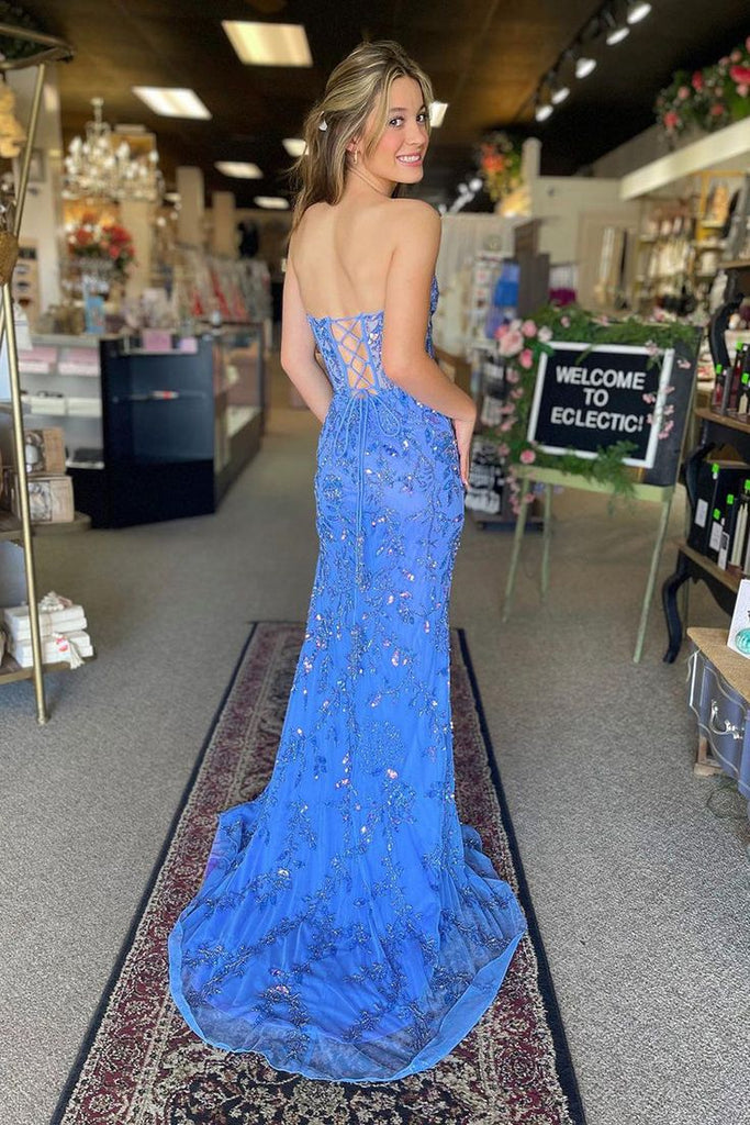 Charming Mermaid Strapless Side Slit Sleeveless Applique Cheap Maxi Long Party Prom Gowns,Evening Dresses,WGP432