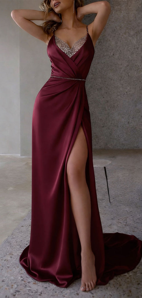 Classy Satin Ball Gown Beaded V-Neck Sleeveless High Slit Party Dress,WGP2176