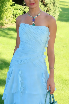 Classy Blue Strapless Ruched Chiffon Prom Dress Tiered Ruffle Formal Maxi Gown,WGP2184