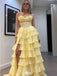 Unique Yellow Tiered Ruffle Prom Dress Strapless Corset Bodice Tulle Ball Gown with Slit,WGP2056
