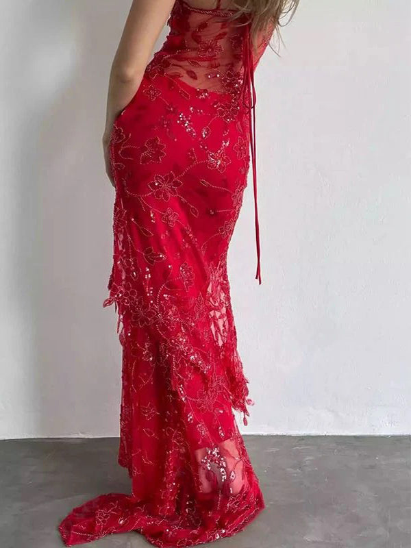 Sexy Red Spaghetti Strap Mermaid Lace Sleeveless Party Prom Dresses,Evening Dress Online, WGP861