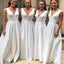 Elegant White V-Neck Spaghetti Strap A-Line&nbsp;Sleeveless Wedding Guest Bridesmaid Dresses,WGM404