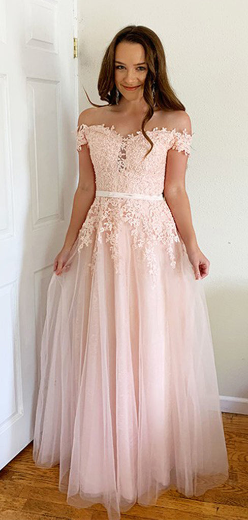 Cute Pink Off Shoulder A-Line Lace Sleeveless Party Prom Dresses,Evening Dress Online, WGP864