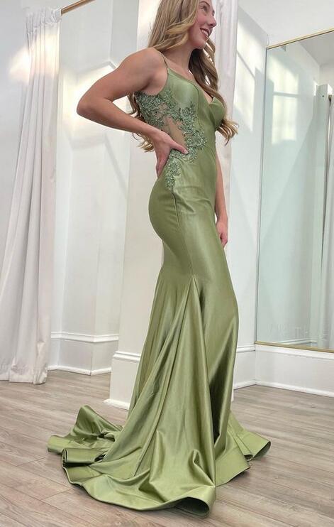 Elegant Green Mermaid Spaghetti Straps Applique Cheap Maxi Long Party Prom Gowns,Evening Dresses,WGP418