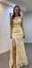 Modern Yellow Floral Lace Prom Dress Strapless Cowl Neck High Slit Corset Gala Gown,WGP2061